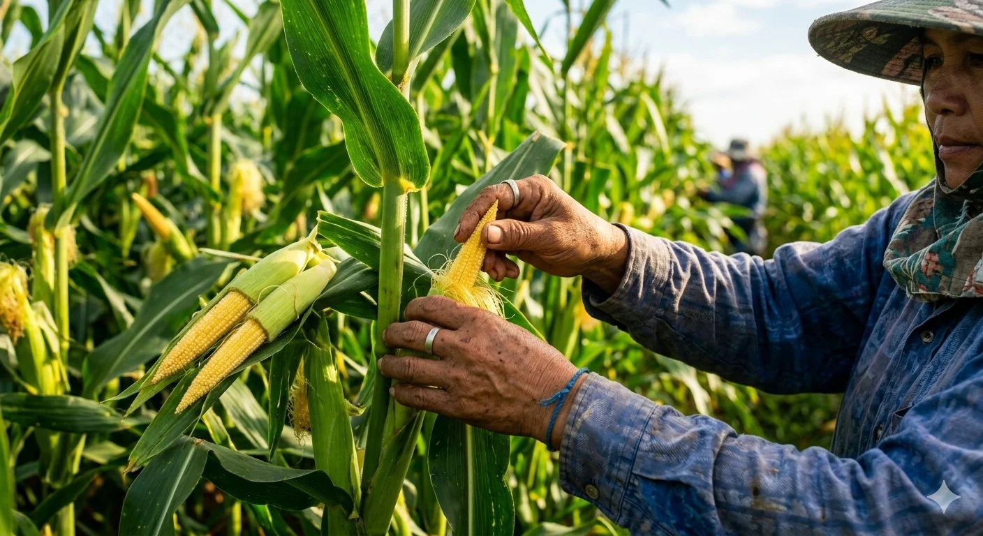 Farmer harvesting baby corn in Thailand